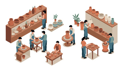 Isometric pottery workshop scene with artisans crafting ceramics