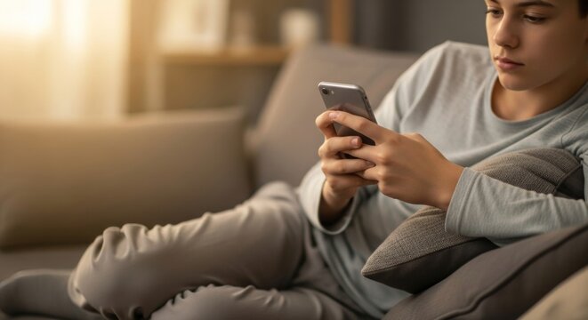 Teenage boy engrossed in smartphone on sofa at home - Powered by Adobe