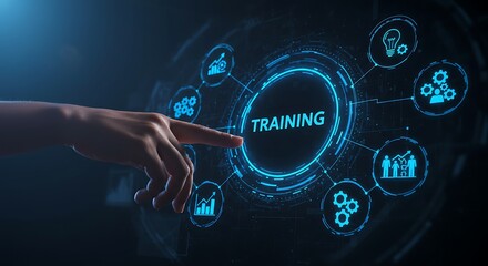 A finger points to a glowing blue circle with the word training in the center, surrounded by icons representing learning and development
