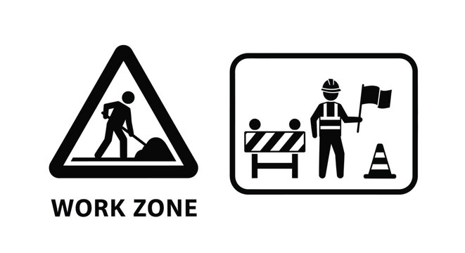 Construction zone warning signs road work ahead flagger and barriers depicted