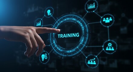 A finger points to a glowing blue circle with the word training in the center, surrounded by icons representing learning and development
