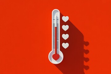 A thermometer with hearts on a red background measures the level of love