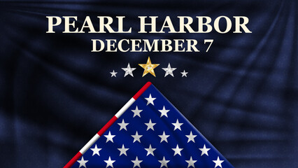 Pearl Harbor Remembrance Day banner. Honoring December 7 with American flag elements, golden and silver stars on a deep blue patriotic background. Vector illustration.