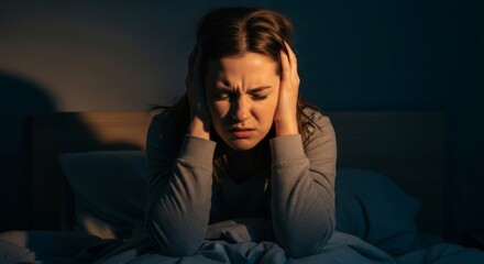 Fototapeta premium Distressed young woman suffering from headache or noise in bed at night