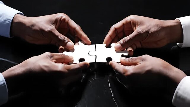 Diverse hands connect puzzle pieces symbolizing business teamwork successful collaboration problem-solving strategic partnership unity and finding integrated