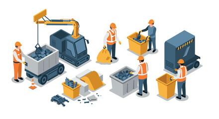 Construction team workflow with equipment and dumpsters in isometric style