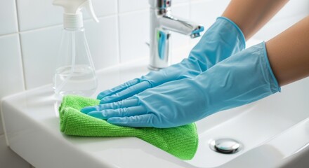 Hands in blue gloves cleaning white bathroom sink with green cloth