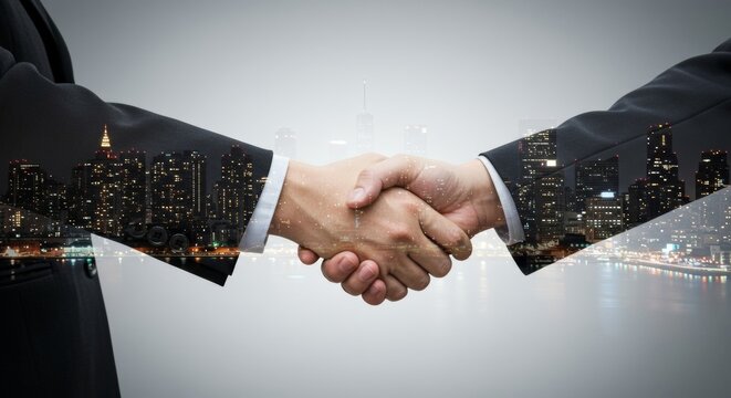 Double exposure of business handshake and illuminated night city skyline symbolizing global partnership and corporate success - Powered by Adobe