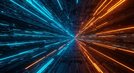 Dynamic abstract visualization of a digital wormhole or hyperspace tunnel with diverging blue and orange light streaks, conveying extreme speed and advanced technology