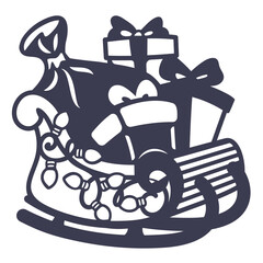 Christmas sleigh silhouette with gifts. Vector template for laser cutting. Perfect for New Year and Christmas decor, cards, ornaments, and festive craft projects. Paper cutout. Winter stencil holiday