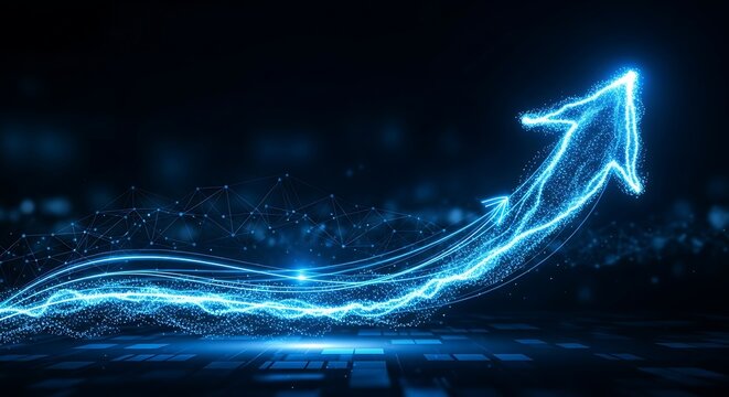 Dynamic glowing arrow soaring upward symbolizing growth and success with interconnected network, conveys innovation and achievement in digital world