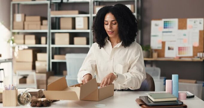 Woman, packing and box for ecommerce startup of skincare product, online order and delivery. Female person, package and prepare parcel with cosmetics, supply chain and supplier for cargo distribution - Powered by Adobe