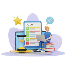 3d cartoon man working on laptop near to-do list and hourglass isolated on transparent background