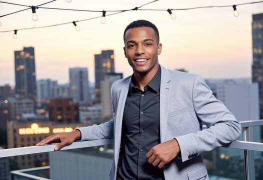 Confident young man on a rooftop terrace with city skyline at dusk, smiling.