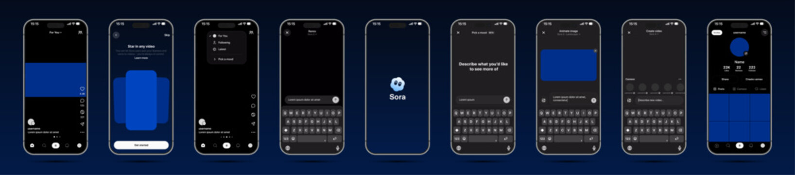 Sora AI app UI mockup showing chat interface, AI assistant responses, user input field, conversation history, suggestions, voice input, settings, and modern mobile layout vector illustration