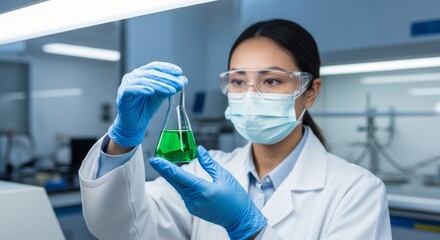 Focused asian female scientist examining green liquid in lab flask