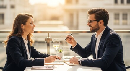 Smiling business professionals meeting outdoors on a sunny terra