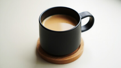 Black ceramic mug with coffee or tea on a round wooden coaster on light background.