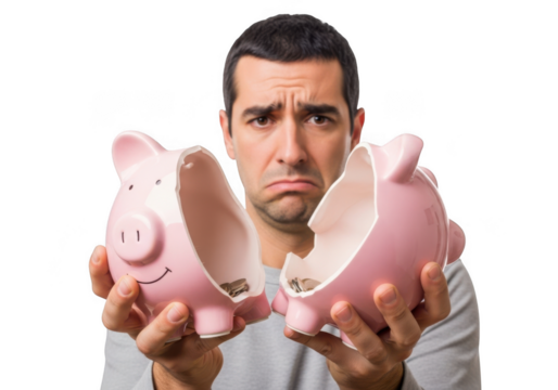 Distressed man holds broken piggy bank showing financial ruin and disappointment isolated on transparent background