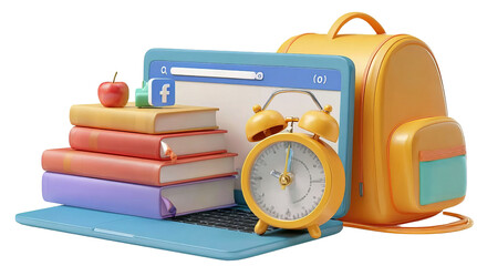 Stack of books with apple and alarm clock isolated on a transparent background