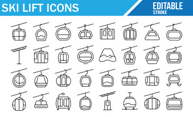 Ski lift and gondola line icon set for mountain resorts and winter travel