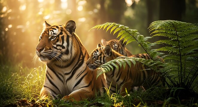 Tiger family in lush sunlight wildlife portrait for nature and conservation