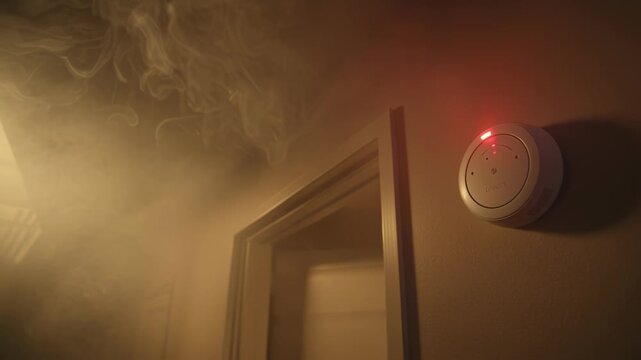 Smoke-filled room with a blinking red light on a smoke detector, indicating a potential fire or emergency situation.
