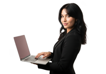 Professional woman in business attire confidently working on a laptop computer isolated on transparent background