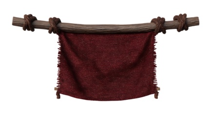 A dark red, heavily textured fabric banner is stretched taut across a wooden bar, isolated on transparent background