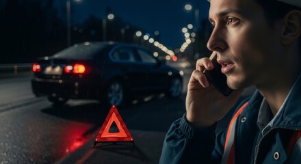 Night roadside emergency: man calls for help after car breakdown