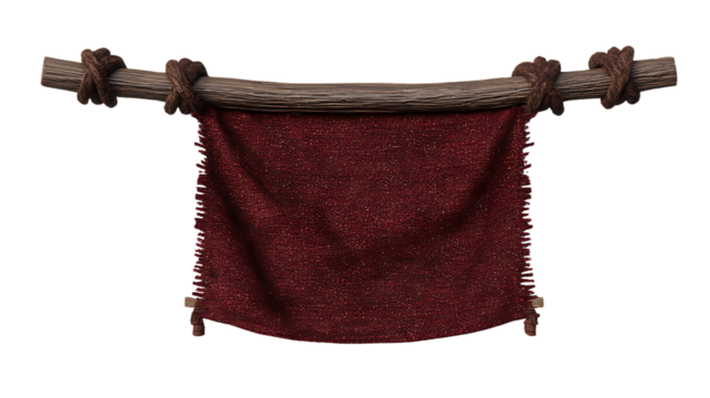 A dark red, heavily textured fabric banner is stretched taut across a wooden bar, isolated on transparent background