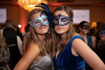 Two Caucasian young women masquerade at a party, posing together gracefully