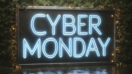 Illuminated Cyber Monday sign glows against a dark backdrop, festive string lights accentuate the scene, wet surface reflects the blue glow, evoking a mood of anticipation.