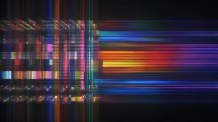 Abstract digital glitch art with vibrant vertical and horizontal colorful lines creating a distorted grid pattern against a dark background. - Powered by Adobe