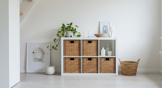 Minimalist home interior featuring a white shelving unit with woven storage baskets, creating a tidy and organized living space with natural decor