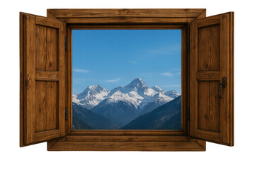 Wooden window with open shutters revealing a majestic snow-capped mountain range under a clear blue sky, transparent background