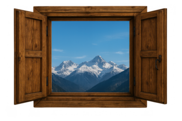 Wooden window with open shutters revealing a majestic snow-capped mountain range under a clear blue sky, transparent background