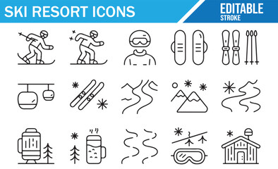 Winter adventure icon collection featuring slopes, cabins, and ski gear