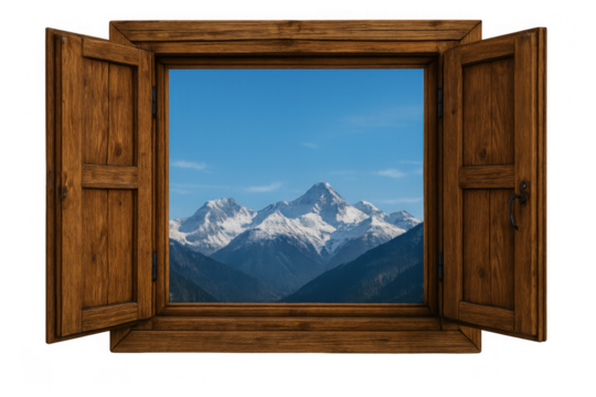 Wooden window with open shutters revealing a majestic snow-capped mountain range under a clear blue sky, transparent background