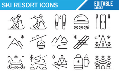 Ski resort and winter sports line icon pack with mountains and equipment