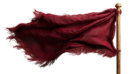 Tattered red fabric flag waving on a pole isolated on transparent background