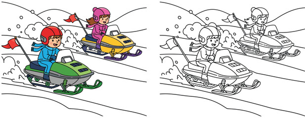Coloring book page of cartoon children riding snowmobiles. Boy and girl driving snow mobiles in winter landscape.