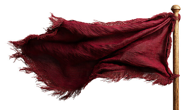 Tattered red fabric flag waving on a pole isolated on transparent background