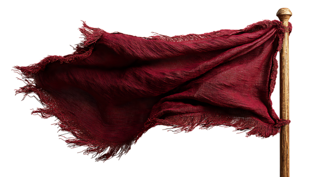 Tattered red fabric flag waving on a pole isolated on transparent background
