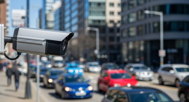 Cctv camera monitoring city street traffic and urban activity