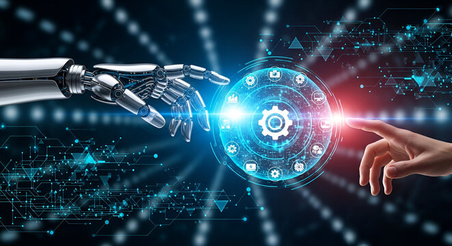Robot and human hands touching digital globe with gear icon - Powered by Adobe