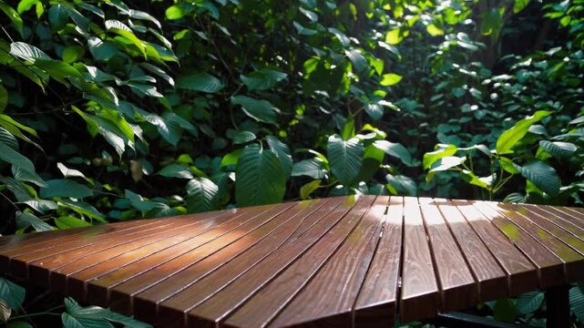 Wooden table illuminated by sunlight amidst lush greenery in a tranquil outdoor setting