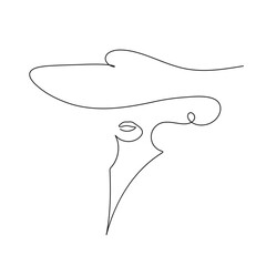 Minimalist one line woman face with wide hat. Elegant fashion line art logo. Illustration for fashion branding, beauty logos, boutique identity, cosmetics packaging.