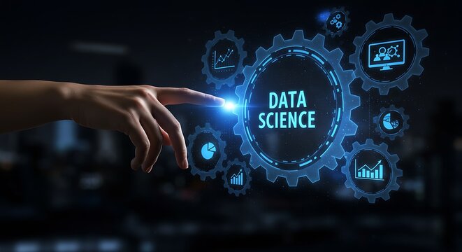 Hand touching a glowing blue button with the words data science surrounded by gears and data charts, representing big data and analytics