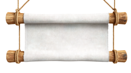 A white scroll with wooden ends tied with rope, isolated on transparent background